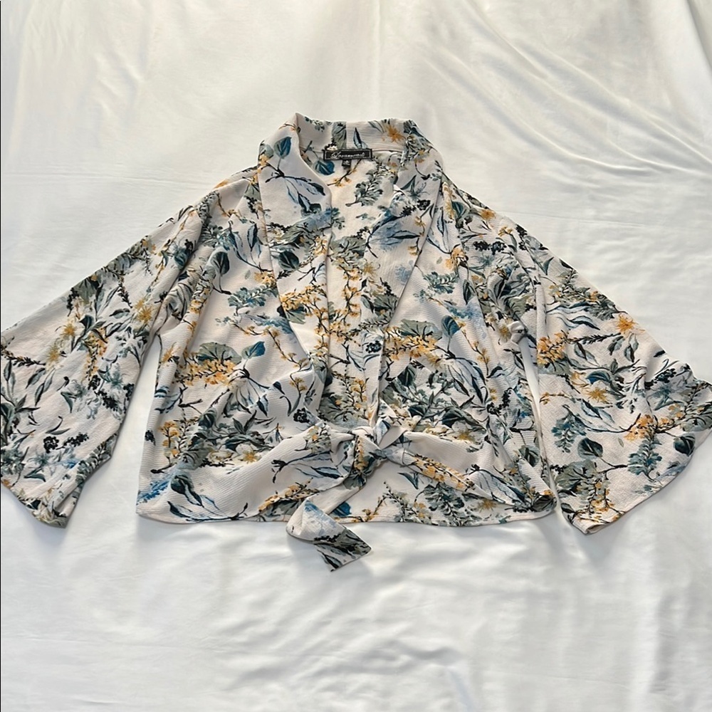 Loramendi Floral Print Tie Front Blouse with Bell Sleeves